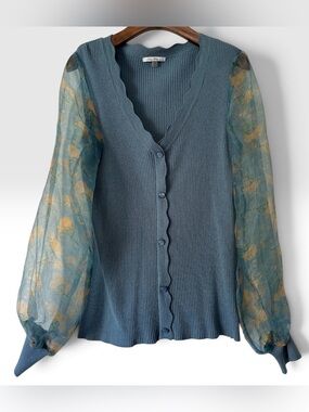 VILA MILANO Blue V-Neck Sweater with Sheer Sleeves